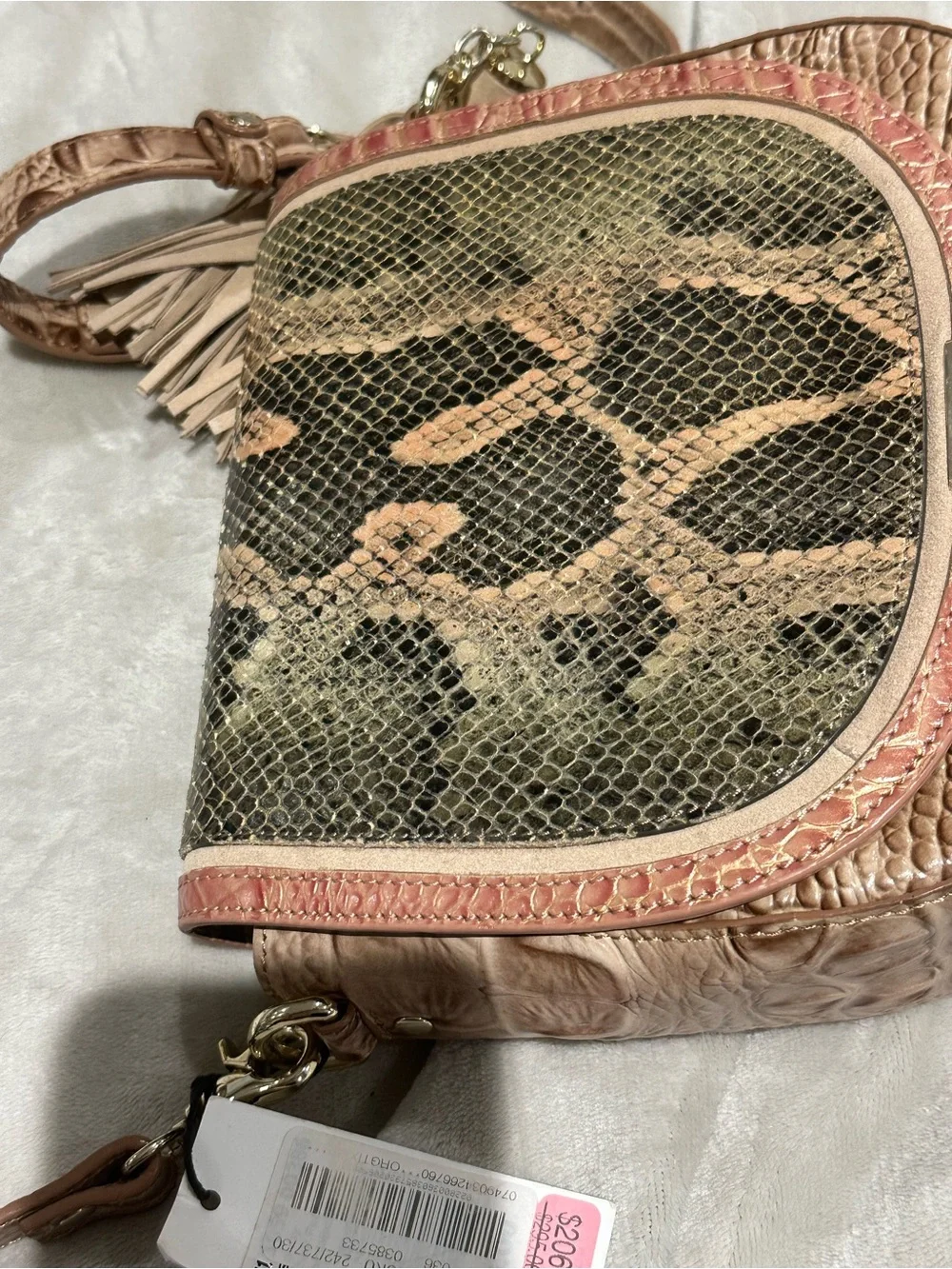 Brahmin Taupe Croc-Textured Crossbody with Snakeskin Flap